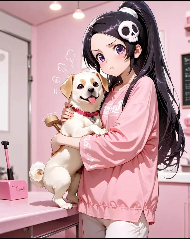 Anime-KI-Charakter mit Hund für entspannte Alltagsgespräche