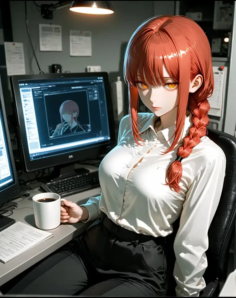 KI-Charakter mit roten Haaren beim digitalen Gestalten am Computer